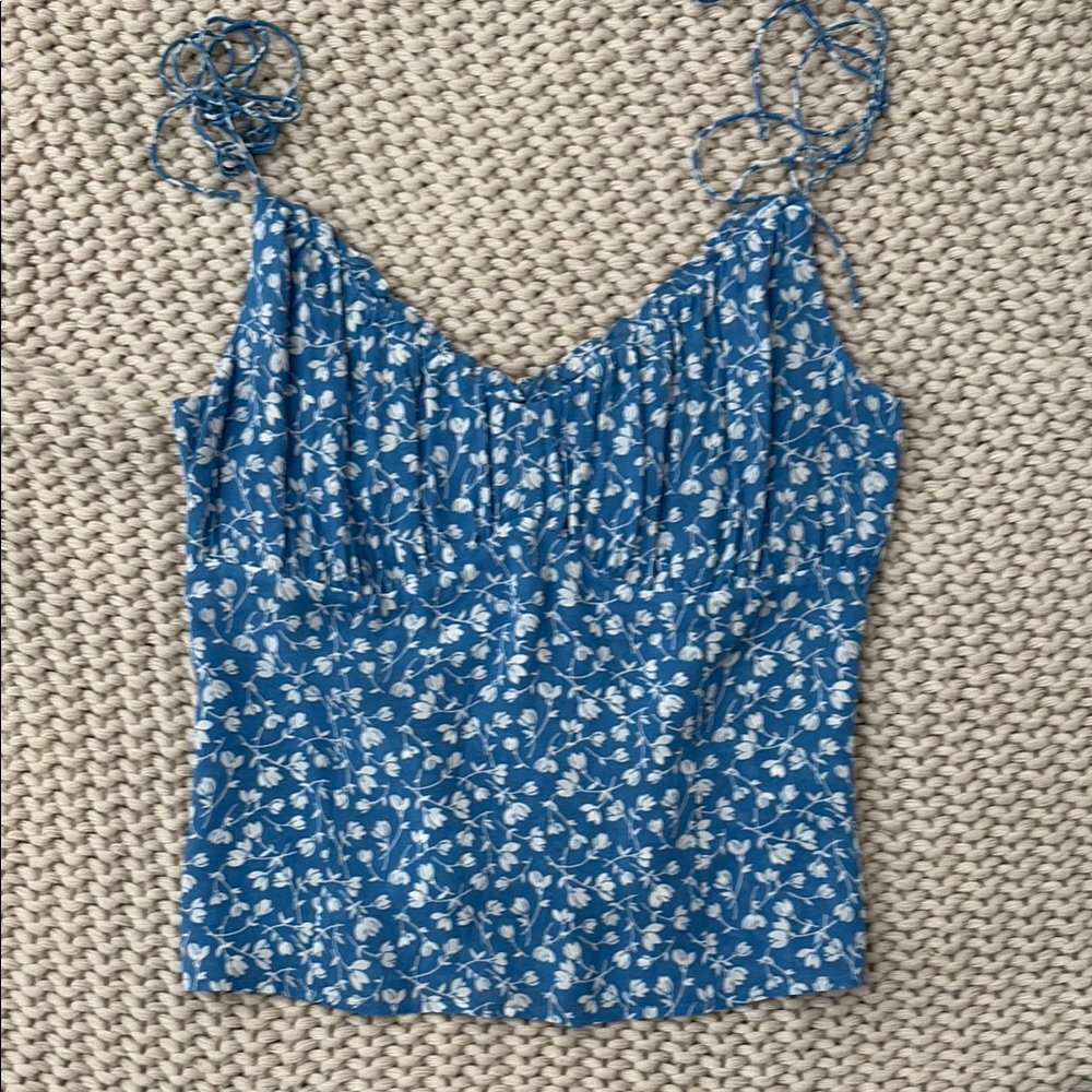 Reformation Blue and White Ruched Camisole